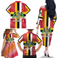 Dominica Flag Family Matching Off The Shoulder Long Sleeve Dress and Hawaiian Shirt Red Yellow and Black with Coat of Arms and National Motto Design - Wonder Print Shop