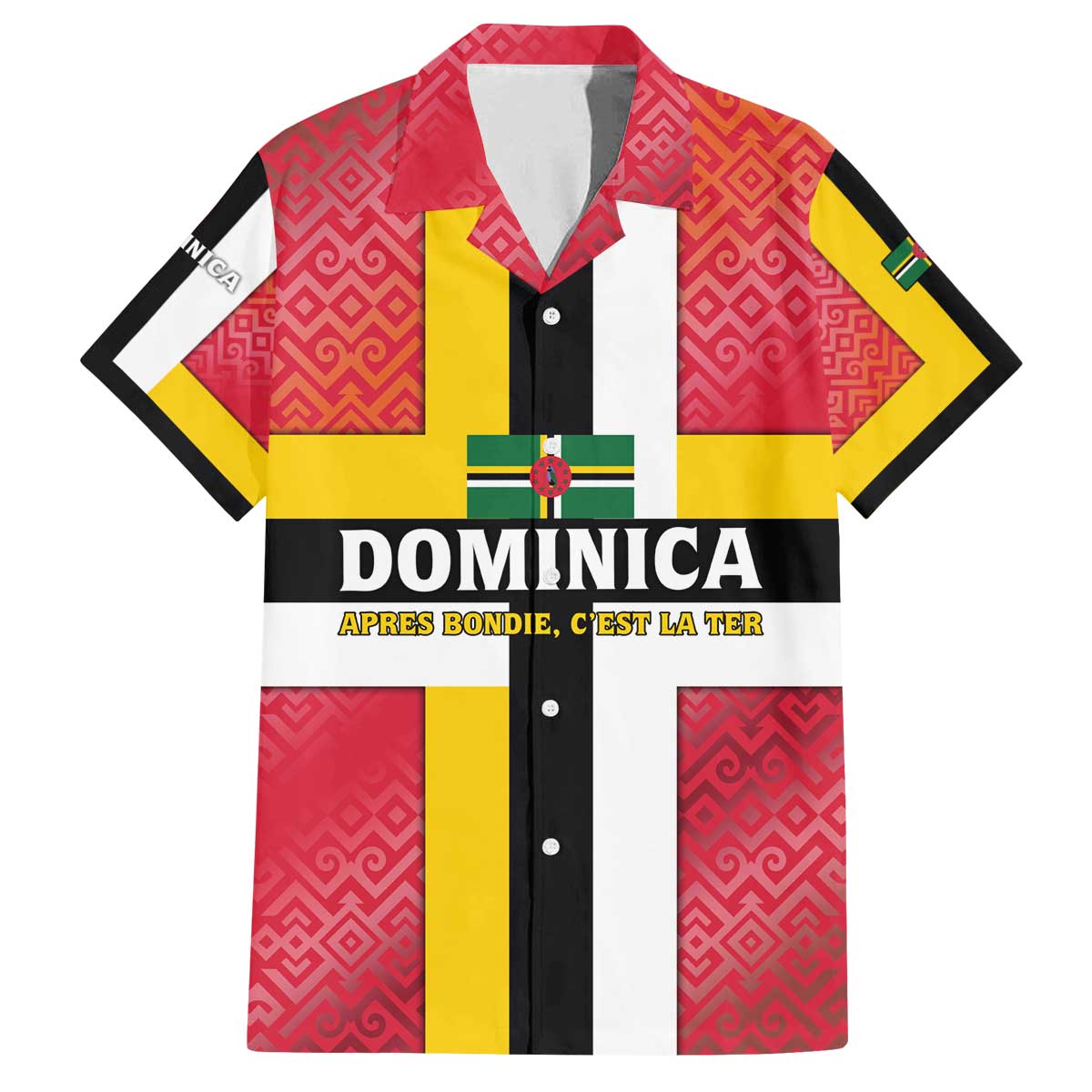 Dominica Flag Family Matching Off The Shoulder Long Sleeve Dress and Hawaiian Shirt Red Yellow and Black with Coat of Arms and National Motto Design - Wonder Print Shop