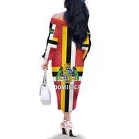 Dominica Flag Family Matching Off The Shoulder Long Sleeve Dress and Hawaiian Shirt Red Yellow and Black with Coat of Arms and National Motto Design - Wonder Print Shop