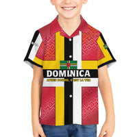 Dominica Flag Family Matching Off The Shoulder Long Sleeve Dress and Hawaiian Shirt Red Yellow and Black with Coat of Arms and National Motto Design - Wonder Print Shop