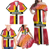 Dominica Flag Family Matching Off Shoulder Maxi Dress and Hawaiian Shirt Red Yellow and Black with Coat of Arms and National Motto Design - Wonder Print Shop