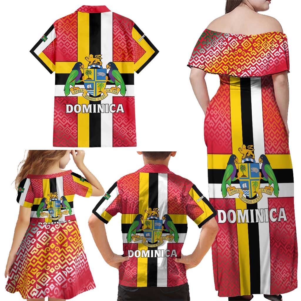 Dominica Flag Family Matching Off Shoulder Maxi Dress and Hawaiian Shirt Red Yellow and Black with Coat of Arms and National Motto Design - Wonder Print Shop