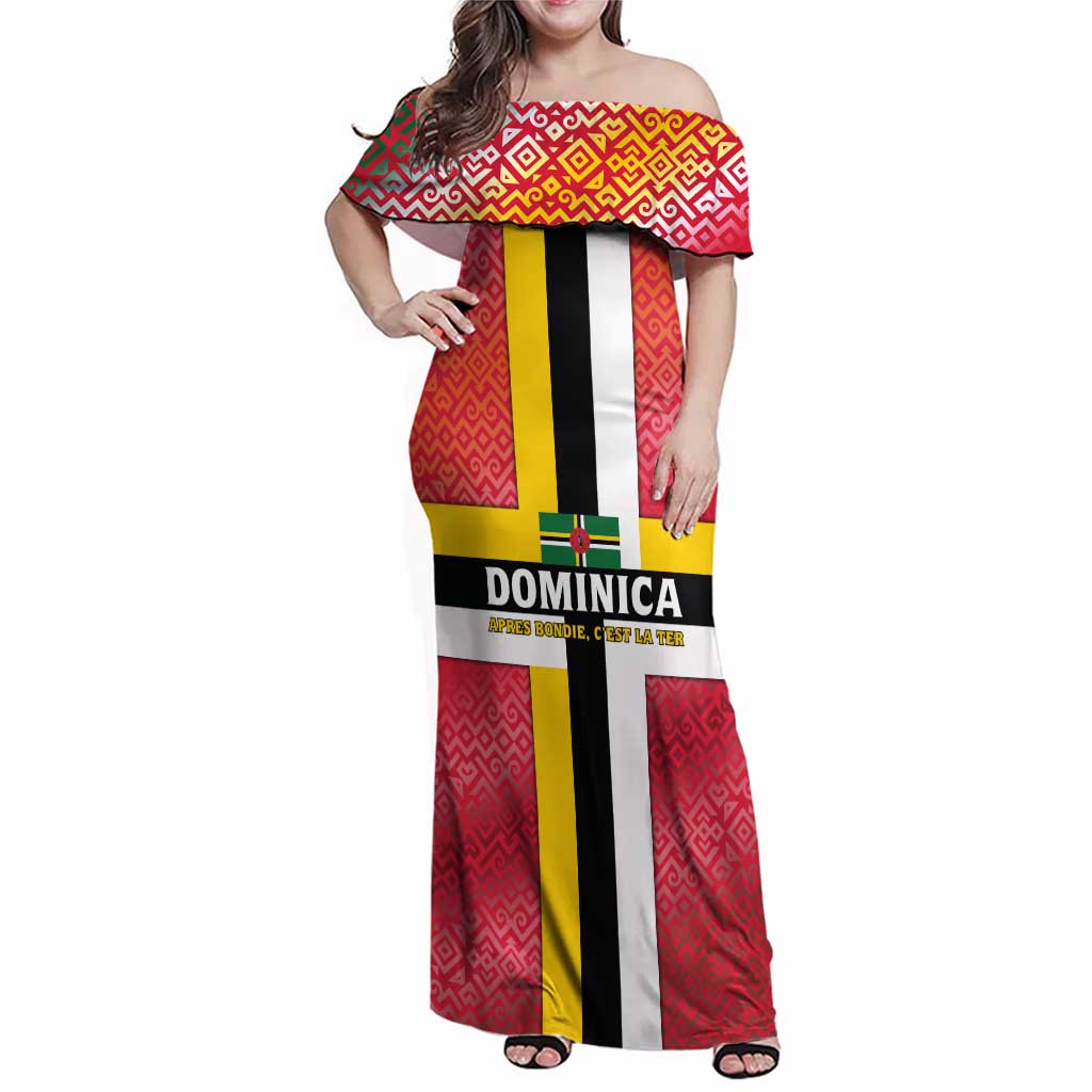 Dominica Flag Family Matching Off Shoulder Maxi Dress and Hawaiian Shirt Red Yellow and Black with Coat of Arms and National Motto Design - Wonder Print Shop