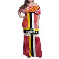 Dominica Flag Family Matching Off Shoulder Maxi Dress and Hawaiian Shirt Red Yellow and Black with Coat of Arms and National Motto Design - Wonder Print Shop