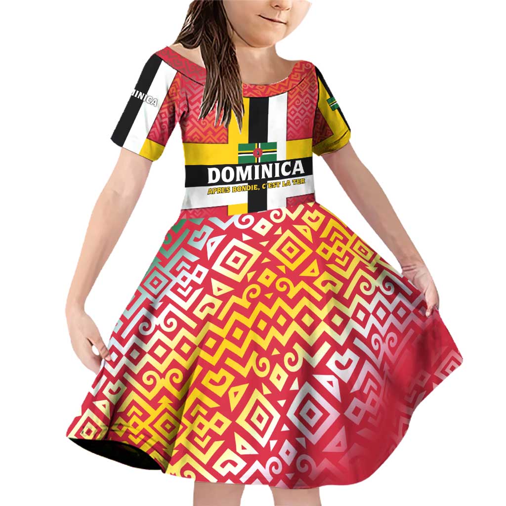 Dominica Flag Family Matching Off Shoulder Short Dress and Hawaiian Shirt Red Yellow and Black with Coat of Arms and National Motto Design - Wonder Print Shop
