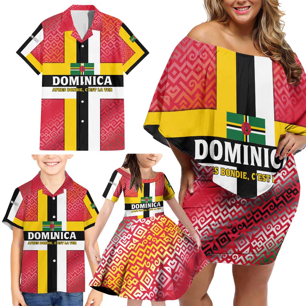 Dominica Flag Family Matching Off Shoulder Short Dress and Hawaiian Shirt Red Yellow and Black with Coat of Arms and National Motto Design - Wonder Print Shop