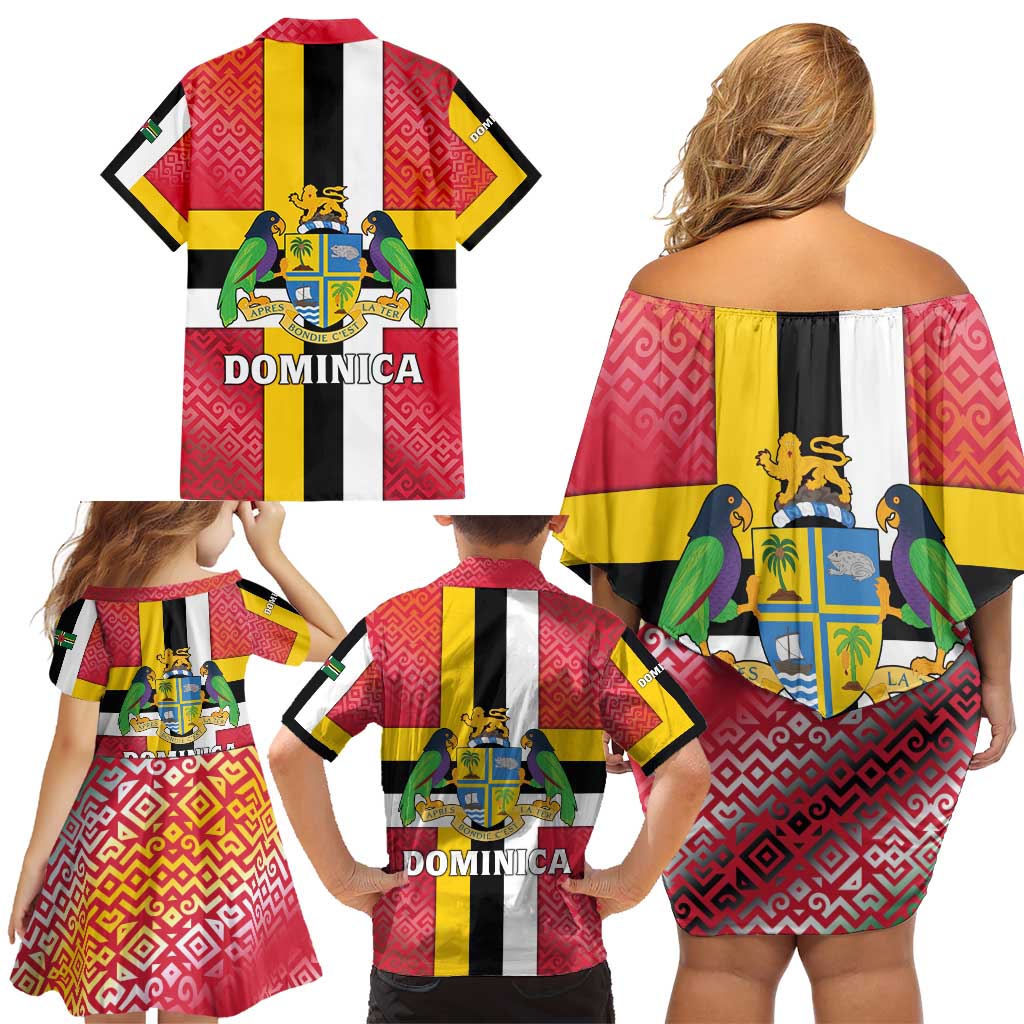 Dominica Flag Family Matching Off Shoulder Short Dress and Hawaiian Shirt Red Yellow and Black with Coat of Arms and National Motto Design - Wonder Print Shop