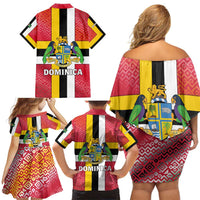 Dominica Flag Family Matching Off Shoulder Short Dress and Hawaiian Shirt Red Yellow and Black with Coat of Arms and National Motto Design - Wonder Print Shop