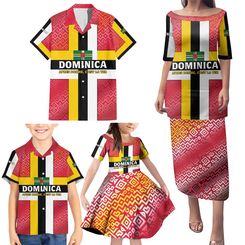 Dominica Flag Family Matching Puletasi and Hawaiian Shirt Red Yellow and Black with Coat of Arms and National Motto Design - Wonder Print Shop