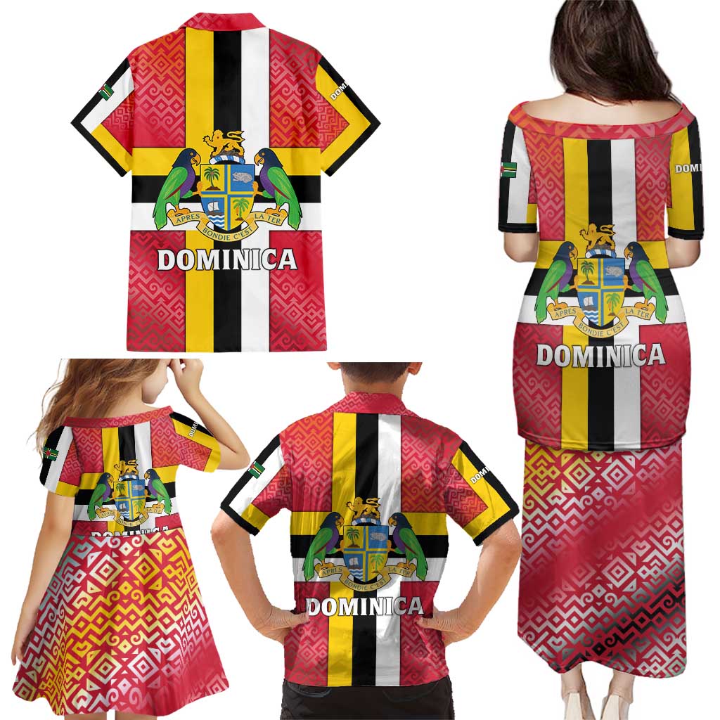 Dominica Flag Family Matching Puletasi and Hawaiian Shirt Red Yellow and Black with Coat of Arms and National Motto Design - Wonder Print Shop