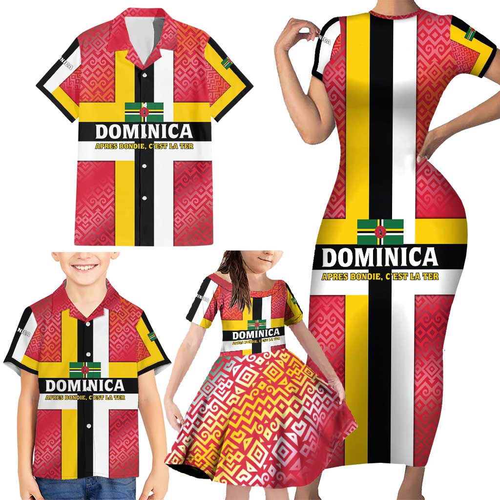 Dominica Flag Family Matching Short Sleeve Bodycon Dress and Hawaiian Shirt Red Yellow and Black with Coat of Arms and National Motto Design - Wonder Print Shop