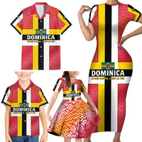 Dominica Flag Family Matching Short Sleeve Bodycon Dress and Hawaiian Shirt Red Yellow and Black with Coat of Arms and National Motto Design - Wonder Print Shop