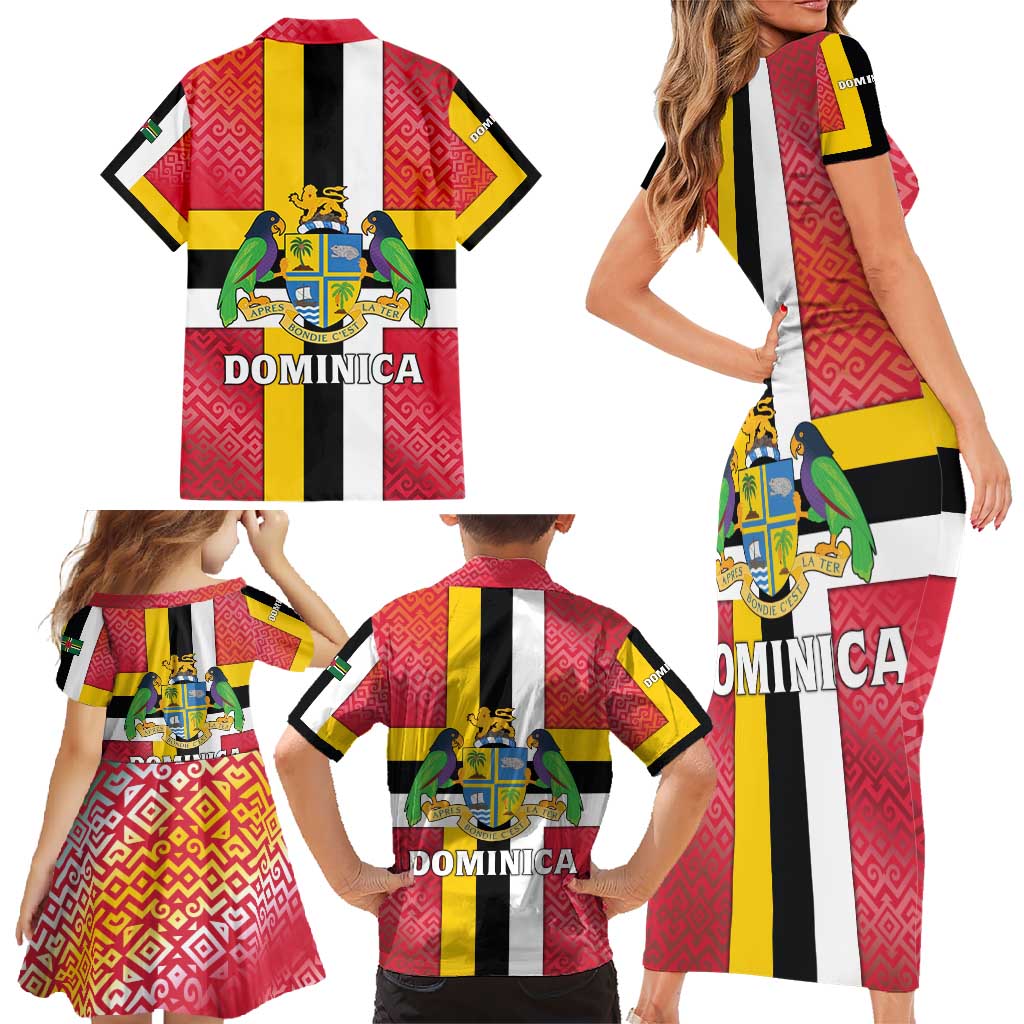 Dominica Flag Family Matching Short Sleeve Bodycon Dress and Hawaiian Shirt Red Yellow and Black with Coat of Arms and National Motto Design - Wonder Print Shop