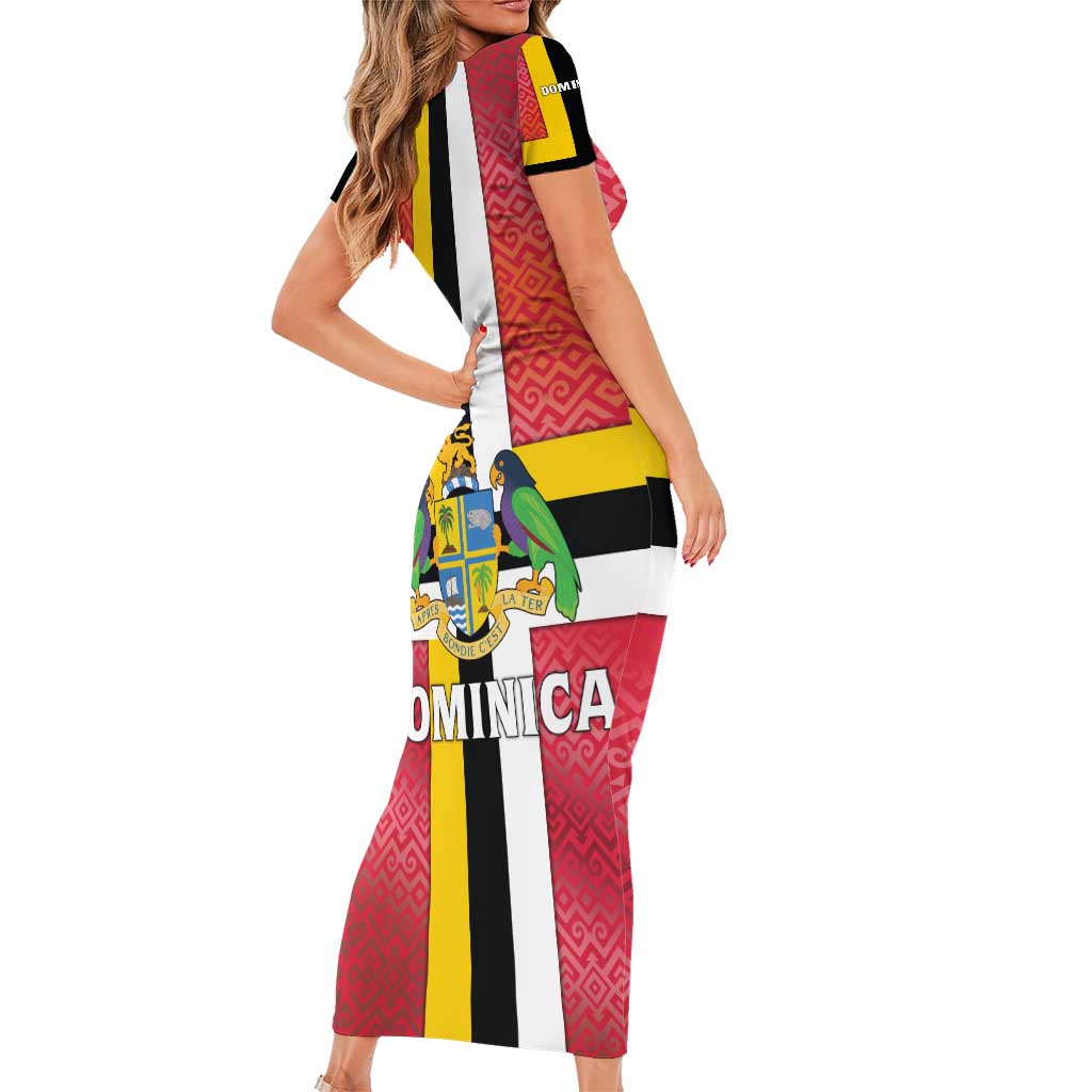 Dominica Flag Family Matching Short Sleeve Bodycon Dress and Hawaiian Shirt Red Yellow and Black with Coat of Arms and National Motto Design - Wonder Print Shop
