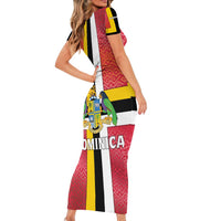 Dominica Flag Family Matching Short Sleeve Bodycon Dress and Hawaiian Shirt Red Yellow and Black with Coat of Arms and National Motto Design - Wonder Print Shop