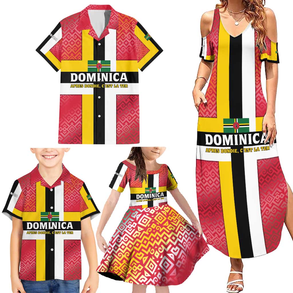 Dominica Flag Family Matching Summer Maxi Dress and Hawaiian Shirt Red Yellow and Black with Coat of Arms and National Motto Design - Wonder Print Shop