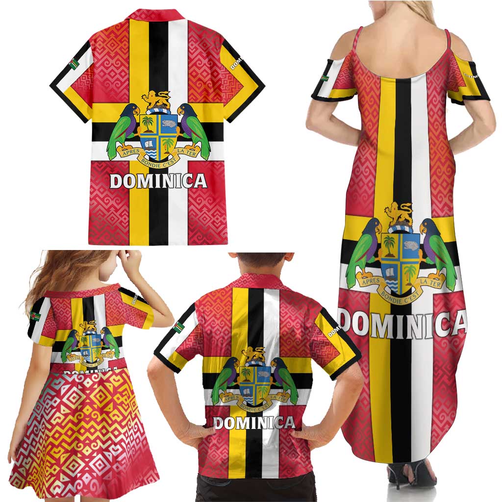 Dominica Flag Family Matching Summer Maxi Dress and Hawaiian Shirt Red Yellow and Black with Coat of Arms and National Motto Design - Wonder Print Shop