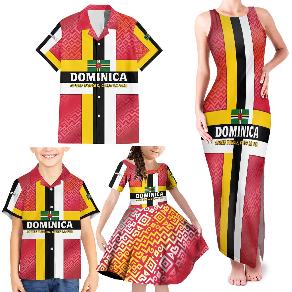 Dominica Flag Family Matching Tank Maxi Dress and Hawaiian Shirt Red Yellow and Black with Coat of Arms and National Motto Design - Wonder Print Shop