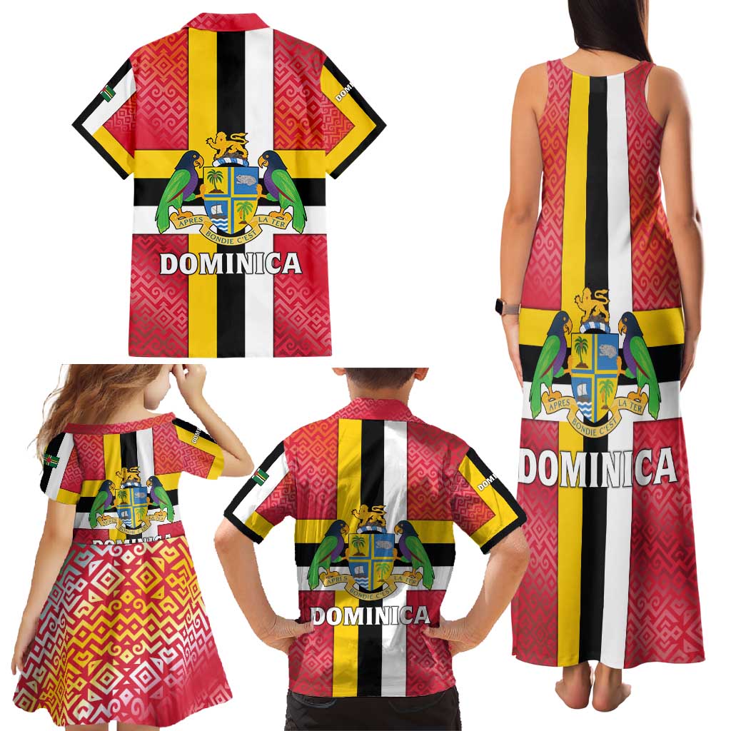 Dominica Flag Family Matching Tank Maxi Dress and Hawaiian Shirt Red Yellow and Black with Coat of Arms and National Motto Design - Wonder Print Shop