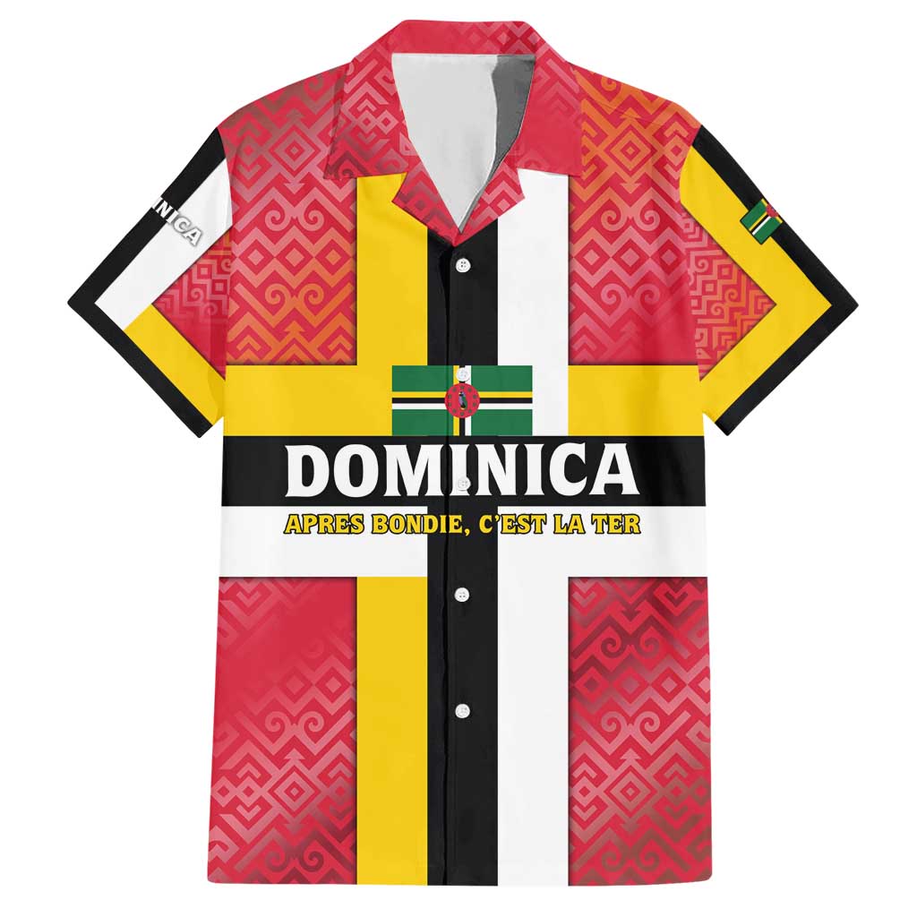 Dominica Flag Hawaiian Shirt Red Yellow and Black with Coat of Arms and National Motto Design - Wonder Print Shop