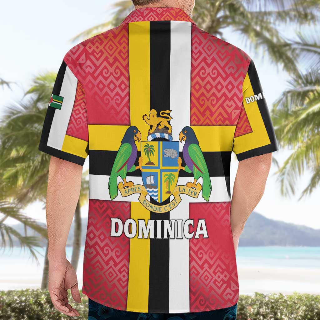 Dominica Flag Hawaiian Shirt Red Yellow and Black with Coat of Arms and National Motto Design - Wonder Print Shop