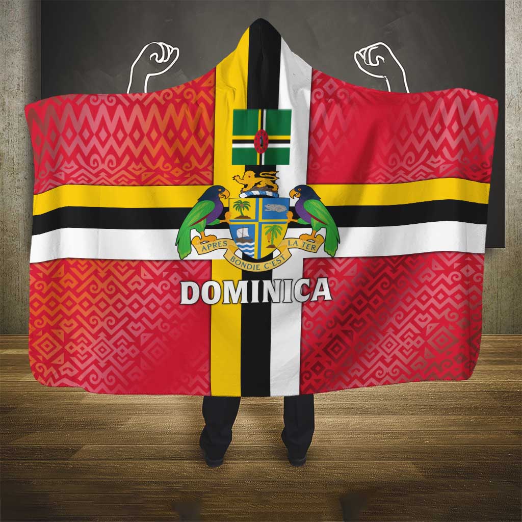 Dominica Flag Hooded Blanket Red Yellow and Black with Coat of Arms and National Motto Design - Wonder Print Shop