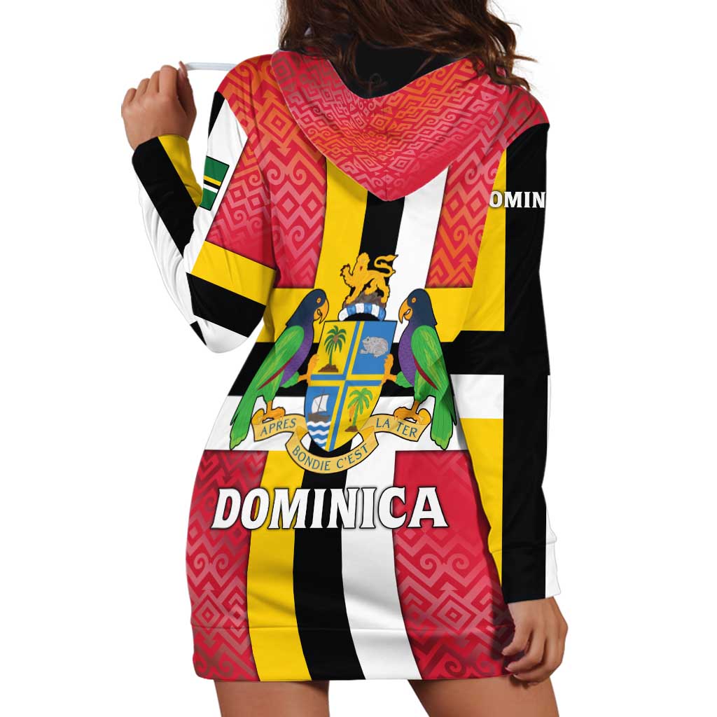 Dominica Flag Hoodie Dress Red Yellow and Black with Coat of Arms and National Motto Design - Wonder Print Shop