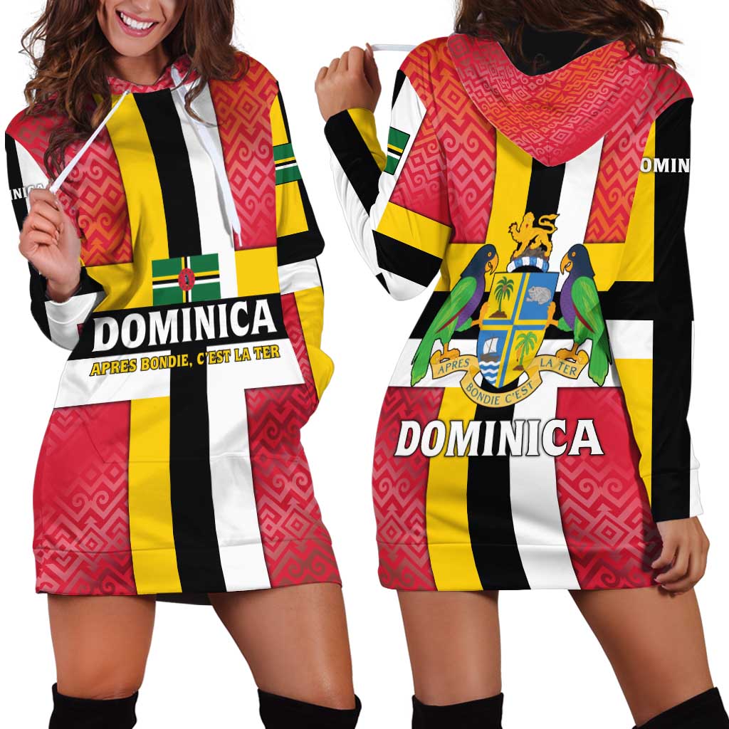Dominica Flag Hoodie Dress Red Yellow and Black with Coat of Arms and National Motto Design - Wonder Print Shop