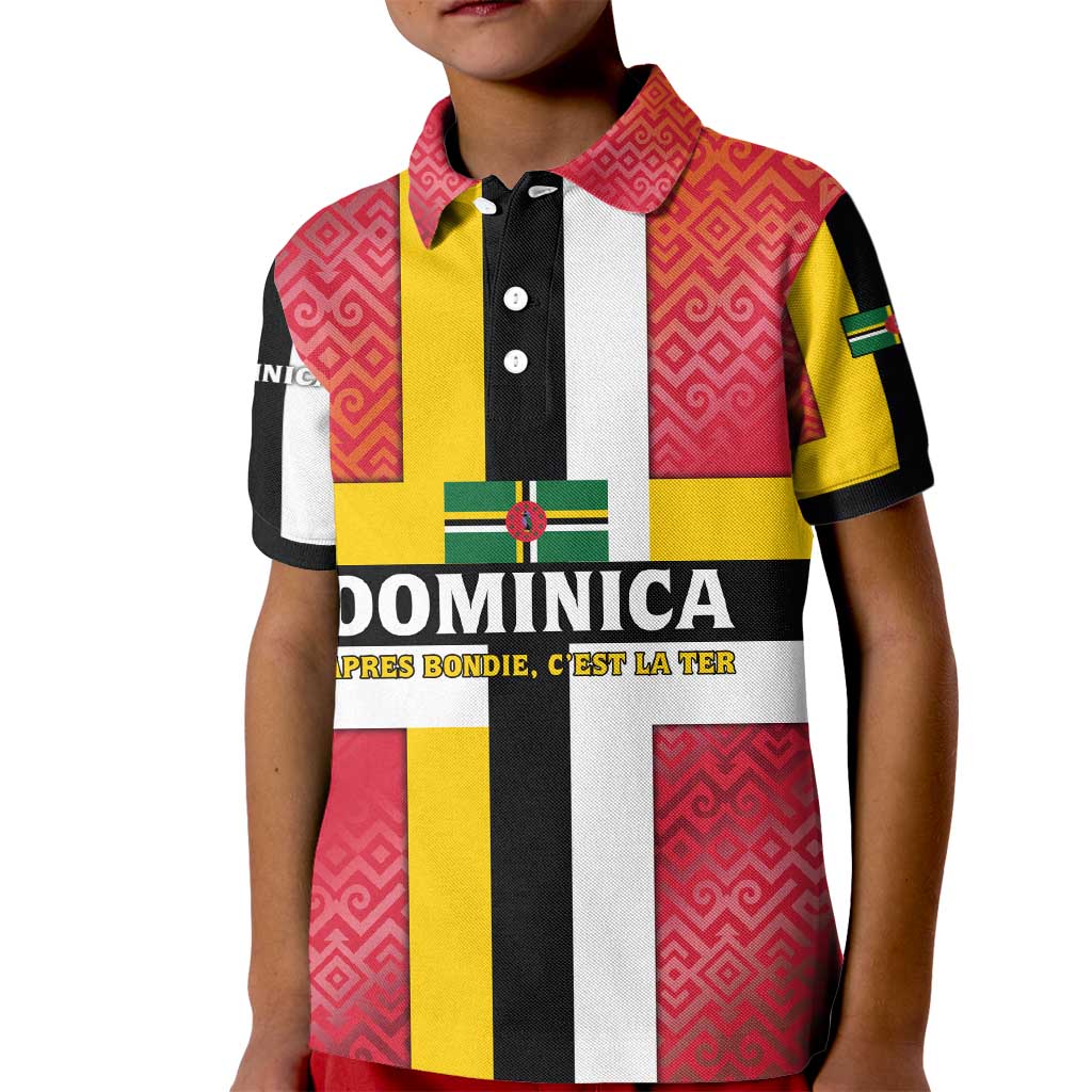 Dominica Flag Kid Polo Shirt Red Yellow and Black with Coat of Arms and National Motto Design - Wonder Print Shop