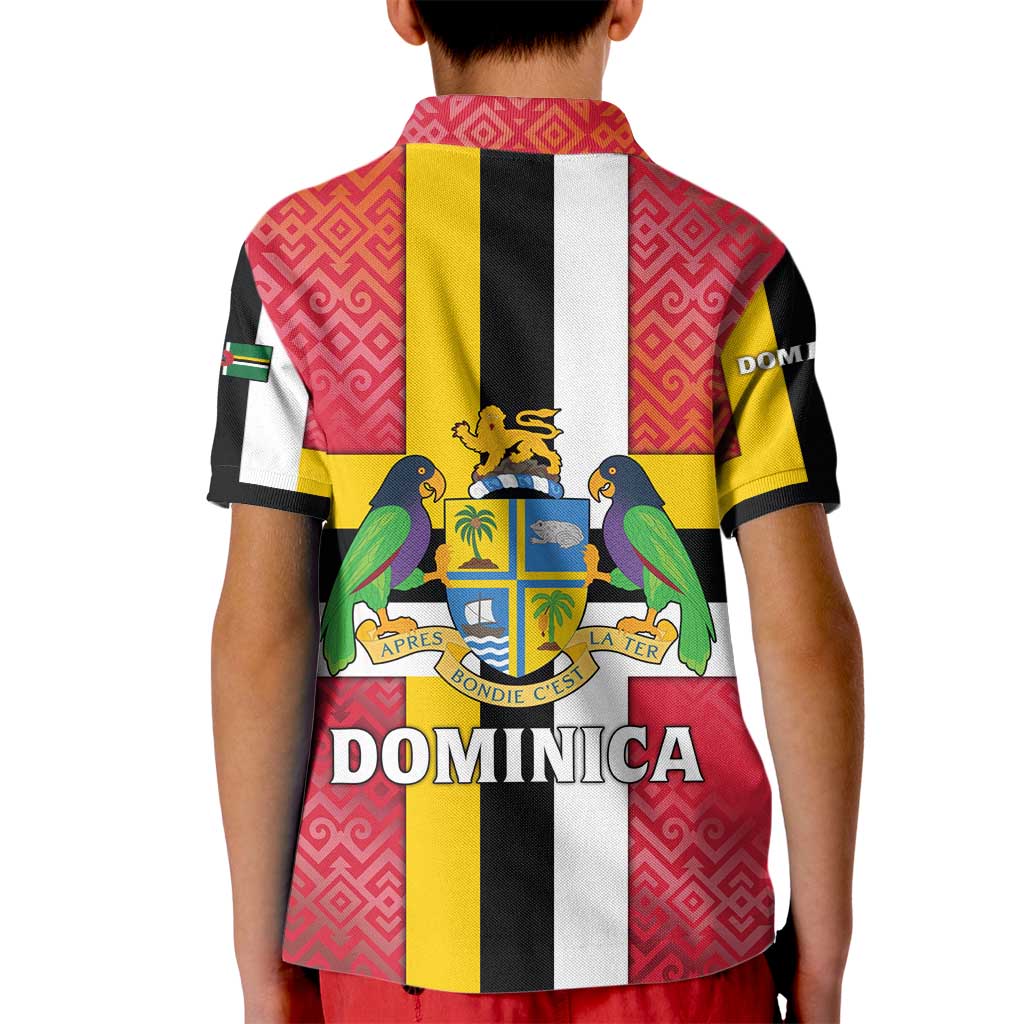 Dominica Flag Kid Polo Shirt Red Yellow and Black with Coat of Arms and National Motto Design - Wonder Print Shop