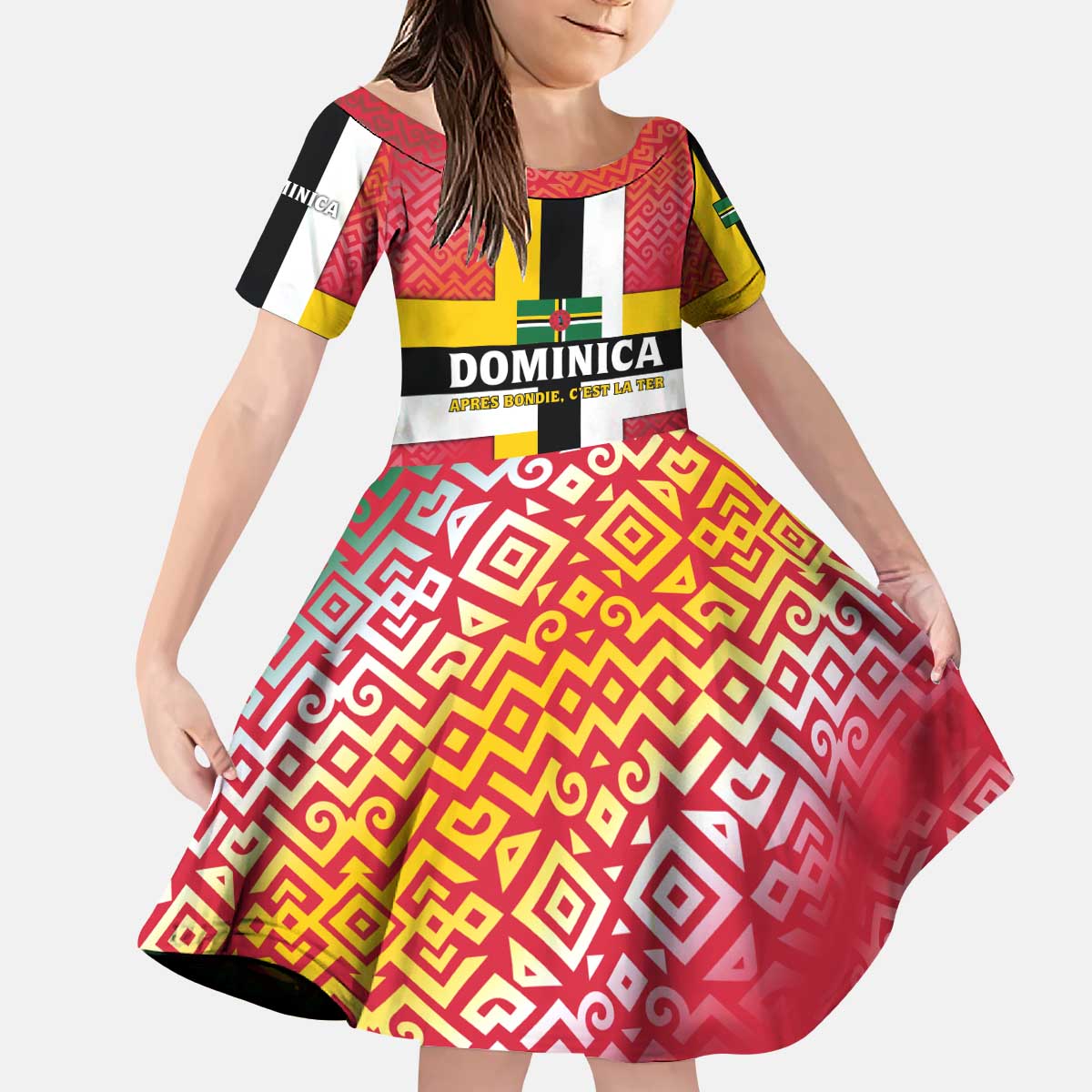 Dominica Flag Kid Short Sleeve Dress Red Yellow and Black with Coat of Arms and National Motto Design - Wonder Print Shop