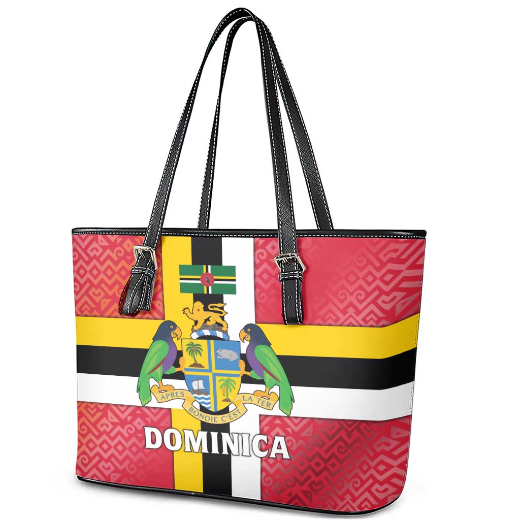 Dominica Flag Leather Tote Bag Red Yellow and Black with Coat of Arms and National Motto Design - Wonder Print Shop