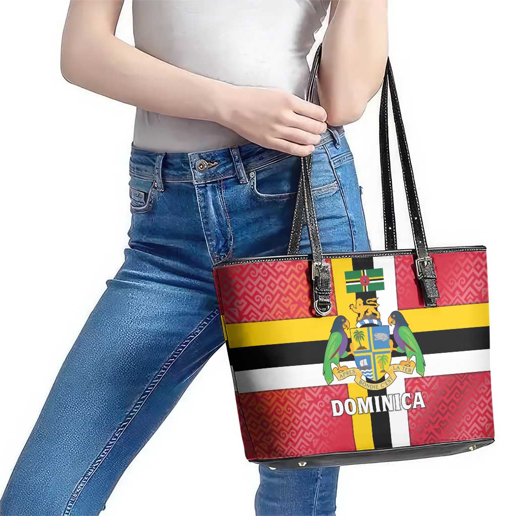 Dominica Flag Leather Tote Bag Red Yellow and Black with Coat of Arms and National Motto Design - Wonder Print Shop