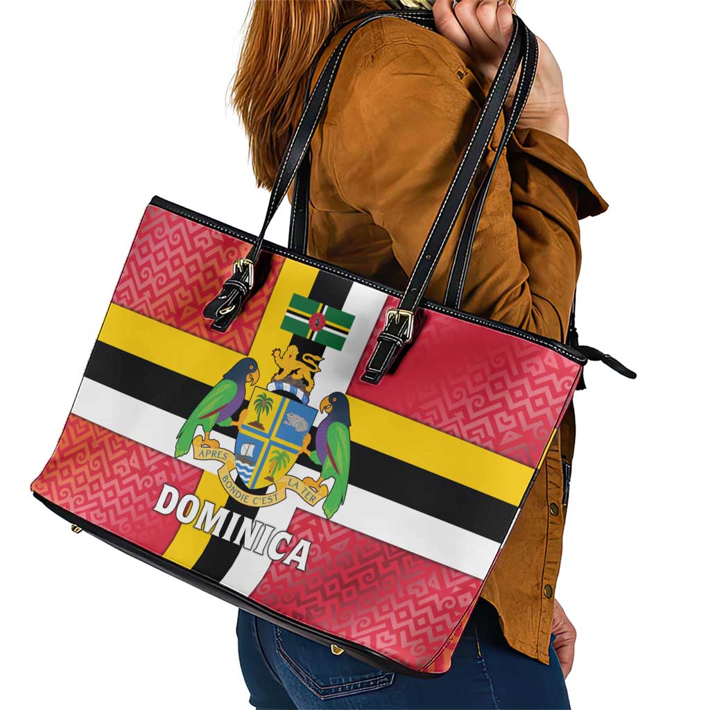 Dominica Flag Leather Tote Bag Red Yellow and Black with Coat of Arms and National Motto Design - Wonder Print Shop