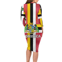 Dominica Flag Long Sleeve Bodycon Dress Red Yellow and Black with Coat of Arms and National Motto Design - Wonder Print Shop