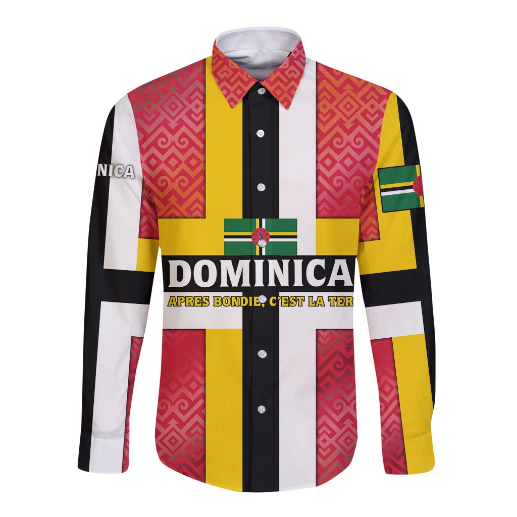 Dominica Flag Long Sleeve Button Shirt Red Yellow and Black with Coat of Arms and National Motto Design - Wonder Print Shop