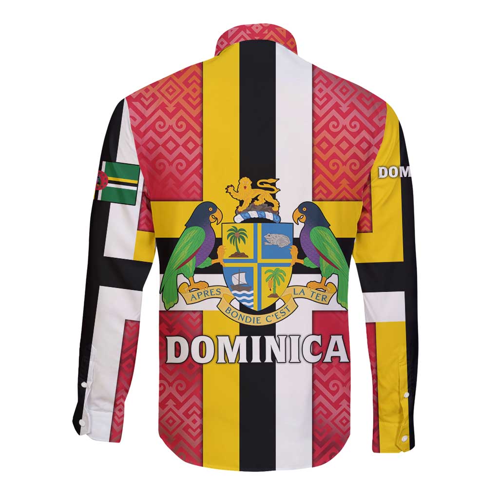 Dominica Flag Long Sleeve Button Shirt Red Yellow and Black with Coat of Arms and National Motto Design - Wonder Print Shop