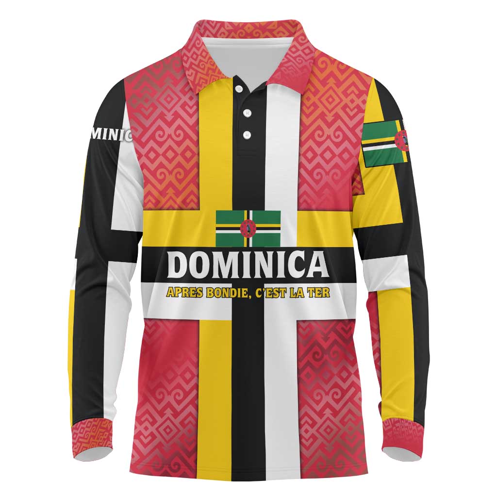 Dominica Flag Long Sleeve Polo Shirt Red Yellow and Black with Coat of Arms and National Motto Design - Wonder Print Shop