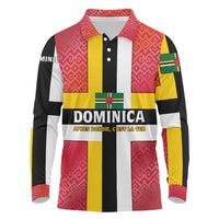 Dominica Flag Long Sleeve Polo Shirt Red Yellow and Black with Coat of Arms and National Motto Design - Wonder Print Shop