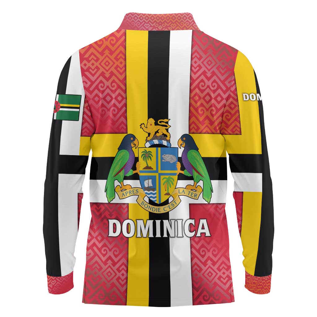 Dominica Flag Long Sleeve Polo Shirt Red Yellow and Black with Coat of Arms and National Motto Design - Wonder Print Shop