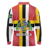 Dominica Flag Long Sleeve Polo Shirt Red Yellow and Black with Coat of Arms and National Motto Design - Wonder Print Shop