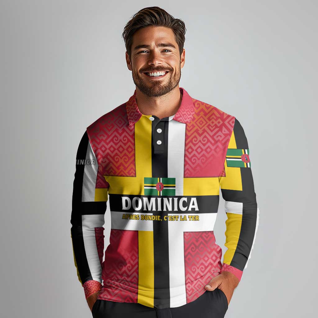 Dominica Flag Long Sleeve Polo Shirt Red Yellow and Black with Coat of Arms and National Motto Design - Wonder Print Shop
