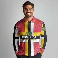Dominica Flag Long Sleeve Polo Shirt Red Yellow and Black with Coat of Arms and National Motto Design - Wonder Print Shop