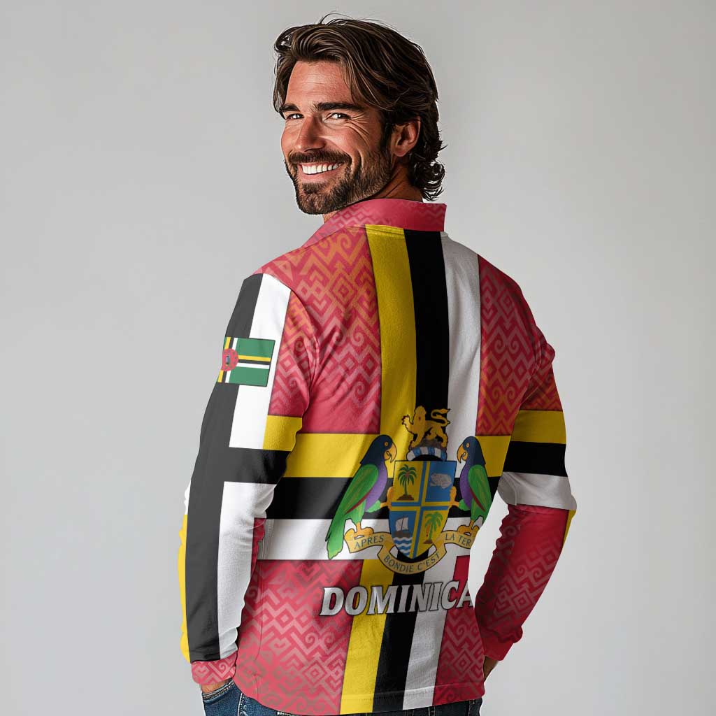 Dominica Flag Long Sleeve Polo Shirt Red Yellow and Black with Coat of Arms and National Motto Design - Wonder Print Shop