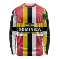 Dominica Flag Long Sleeve Shirt Red Yellow and Black with Coat of Arms and National Motto Design - Wonder Print Shop
