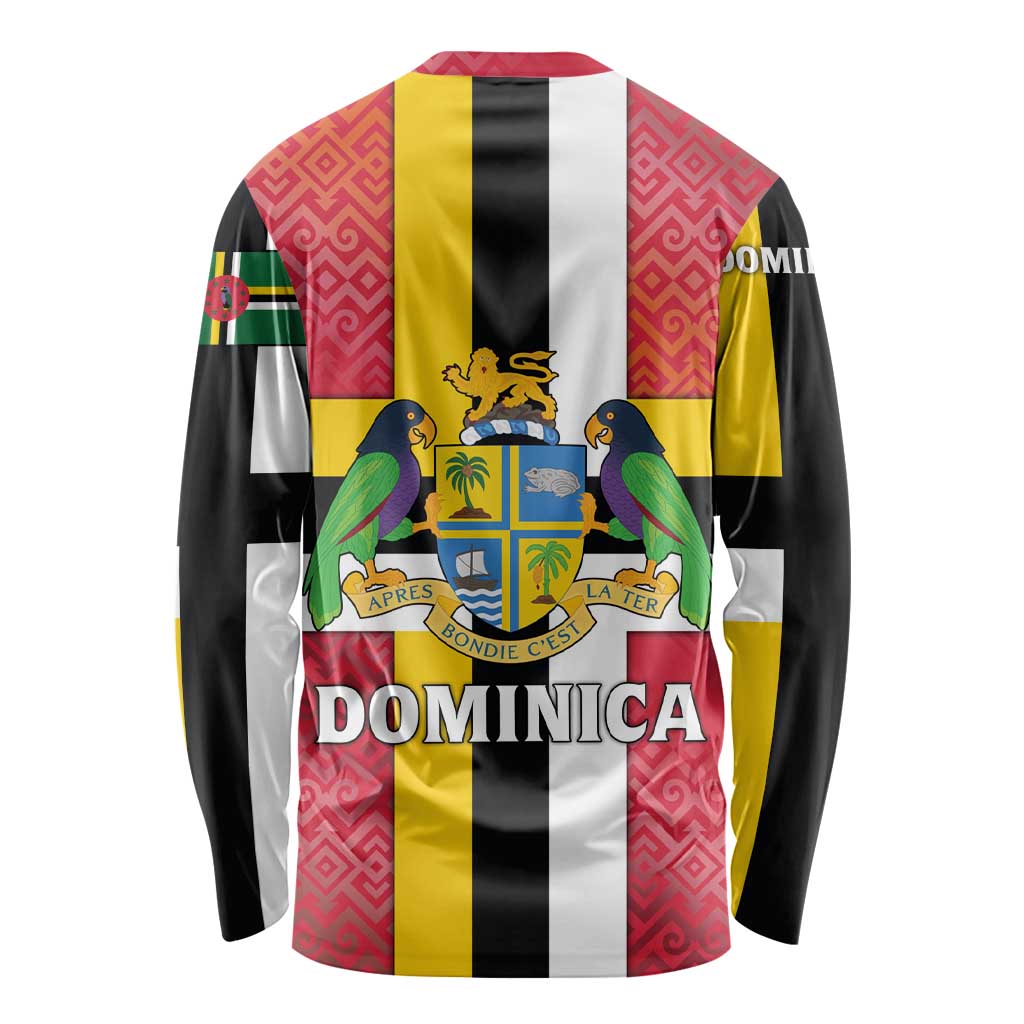 Dominica Flag Long Sleeve Shirt Red Yellow and Black with Coat of Arms and National Motto Design - Wonder Print Shop