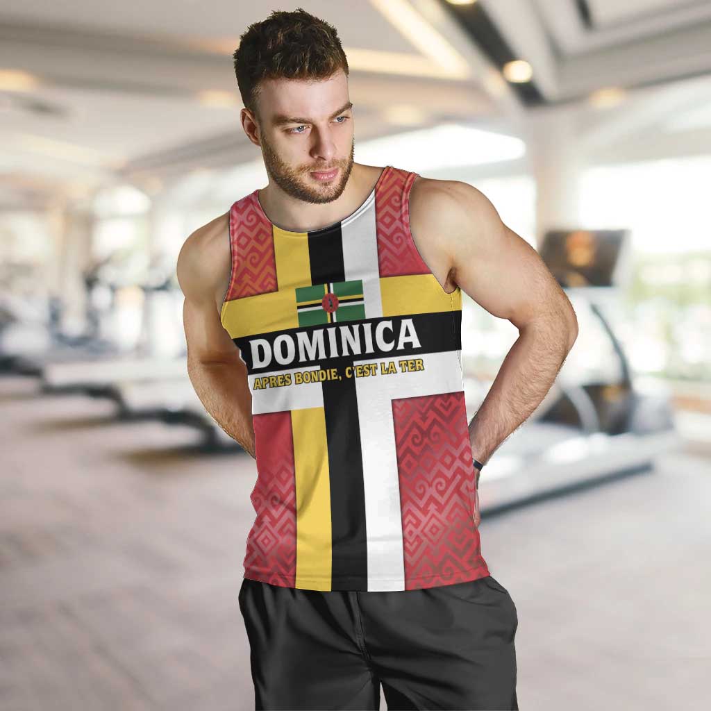 Dominica Flag Men Tank Top Red Yellow and Black with Coat of Arms and National Motto Design - Wonder Print Shop