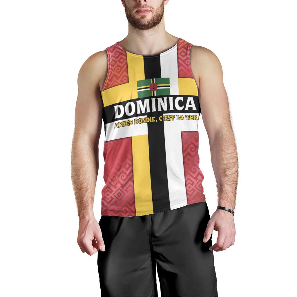 Dominica Flag Men Tank Top Red Yellow and Black with Coat of Arms and National Motto Design - Wonder Print Shop