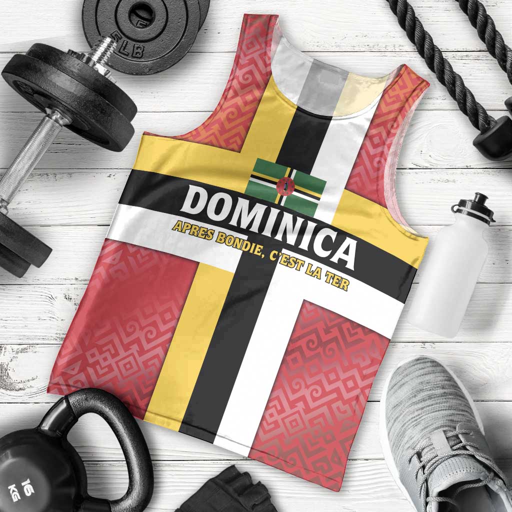 Dominica Flag Men Tank Top Red Yellow and Black with Coat of Arms and National Motto Design - Wonder Print Shop