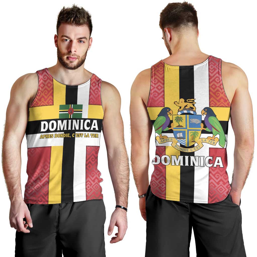 Dominica Flag Men Tank Top Red Yellow and Black with Coat of Arms and National Motto Design - Wonder Print Shop